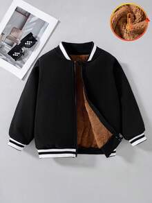 Boys' Casual Fashion Black & White Contrast Color Loose Baseball Collar Thermal Lined Jacket, Autumn/Winter - Black - View 2