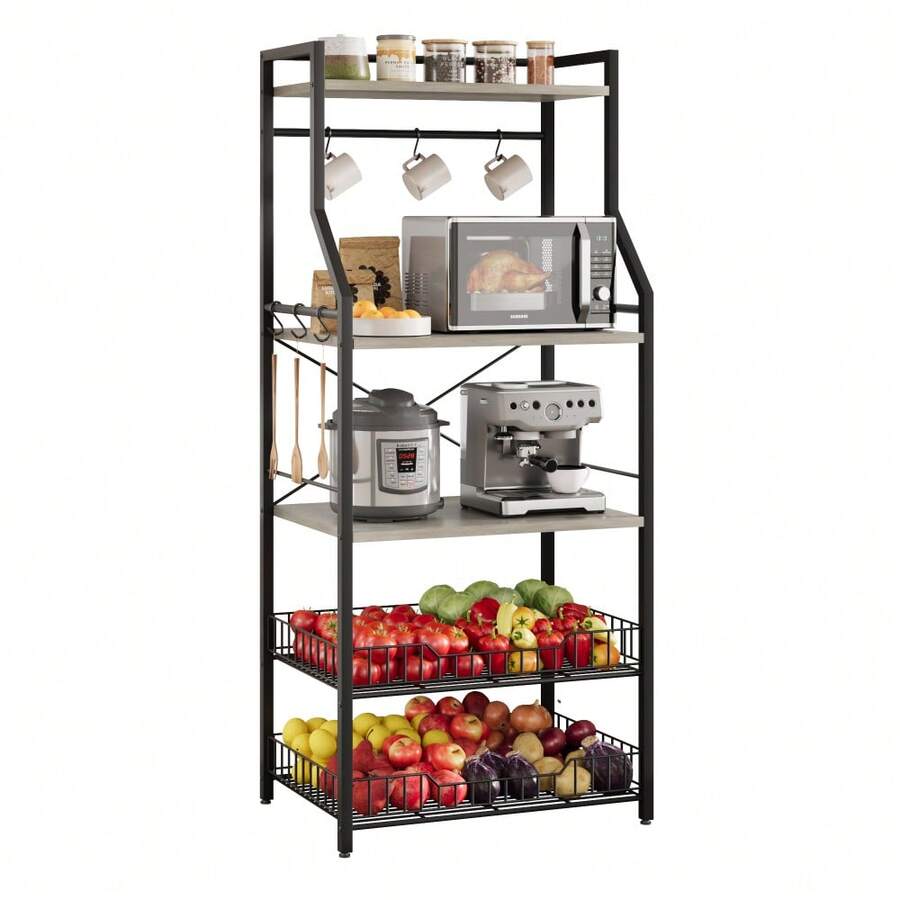 5-Tier Industrial Bakers Rack For Kitchen Organization - Microwave Oven Stand With 2 Large Wire Baskets, 8 Hooks, Utility Storage Shelf, Coffee Bar Station - Black - View 1