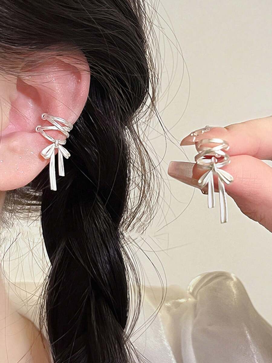 1 Pair Bow Ribbon Earrings, New Niche Design, Minimalist Elegant Versatile Premium Feel, No Piercing Ear Clips - Silver - View 1