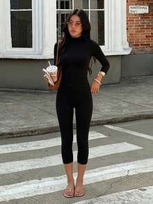 Women's Casual Black Stand Collar Top And Slim Fit Capri Pants 2 Pieces Set - Black - View 5