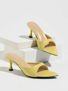 Women's Elegant Mirror Shoulder-Barring Mule Sandals, Sexy Style Spring/Summer Night Club Party Runway Casual Home Vacation Kitten Heel Low Heel Slippers, Fashion Pointed Toe Passionate Vibrant Pale Yellow Cup Heel High Heel Sandals, Comfortable Versatile Women's Shoes - Light Yellow - View 7