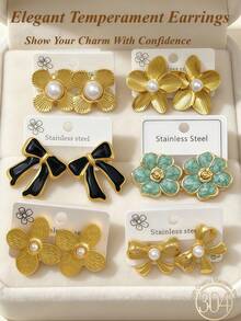 9 Pairs Asymmetric Textured Stainless Steel Fashion Pearl Stud Earrings, Including Flower And Bow Designs. Elegant Pearl Earrings Suitable For Various Occasions, Valentine's Day, Mother's Day, Gifts. High-Quality Hypoallergenic Daily Wear Earrings, Perfect Gift For Family And Friends - Pearl Set - View 3