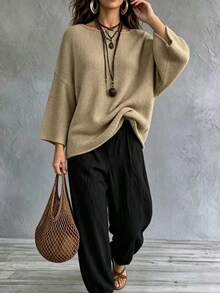 Women's Casual Rib-Knit Pullover Sweater Solid Color Boat Neck Three-Quarter Sleeves Drop Shoulder Knit Top - Khaki - View 5