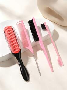 4Pcs Hair Styling Comb Set, Detangler Brush Rat Tail Parting Comb Teasing Brush Double Sided Edge Control Brush, Anti Static Salon Hairdressing Tools Kit For Slick Back Ponytail Braids Natural Curly Hair Women Daily Hair Care Accessory - Multicolor - View 2