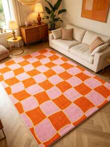 1 pieza Alfombra de área a cuadros rosa y naranja, alfombra de sala de estar, alfombra de área, alfombra de área pequeña, tapete, decoración del hogar, alfombra de sala de estar grande, alfombra redonda, decoración del hogar de sala de estar, decoración de habitación, alfombra lavable - Multicolor - Ver 5