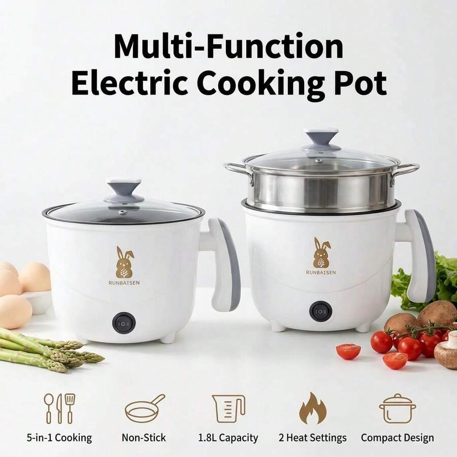 SMEGGEMS Panci Listrik Portabel Anti Lengket 2 Kecepatan dengan Fungsi Mati Otomatis, Kompor Listrik Multifungsi untuk Rumah dan Berkemah - Putih - View 1