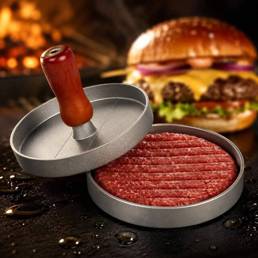 Forma Prensadora de Hambúrguer Caseiro | Modelador de Carne com Cabo de Madeira | 12cm - Prata - Visão 1