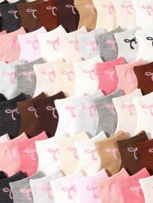 10/20 Pairs Random Assorted Girls' Bowknot Print Invisible Boat Socks, Multi-Color Mixed Low-Cut Low-Top Short Socks, Spring/Summer Thin Breathable Non-Stuffy Socks, Versatile Daily Wear Socks For Kids - Multicolor - View 2