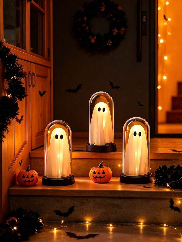 1pc Cute Glowing Ghost Shaped Decorative Lamp, Halloween LED Ghost Desktop Light, Spooky Holiday Decoration Ornament For Bedroom, Fireplace Mantel, Windowsill, Desktop Scene Arrangement, Indoor Atmosphere Decor Light