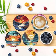 Sunset 8pcs Diamond Painting DIY Coaster Set, Round Shiny Rhinestones, Easy To Apply, Complete Tool Kit, One-Stop, Beginner Stress Relief Creative Handmade, Spring Festival Christmas Teacher's Day Gift, Dining Table Coffee Table Heat Insulation Mat, Practical Gift For Best Friend Family Teacher - 8pcs - View 3