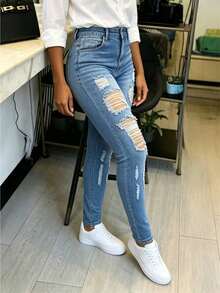 High‑Waist Stretch Skinny Ripped Butt‑Lifting Jeans For Women - Medium Wash - View 4