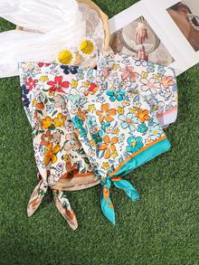 1 pezzo/4 pezzi Foulard di seta quadrato piccolo con fiori colorati freschi, foulard per capelli stile pittura ad olio, accessorio per capelli con atmosfera da vacanza al mare - Multicolore - Visualizzare 14