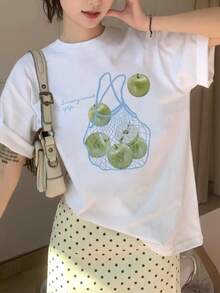 Graphic Print Drop Shoulder-Shirt, Short Sleeve Crew Neck Casual Top Spring And Summer, Women'S Clothing - White - View 3