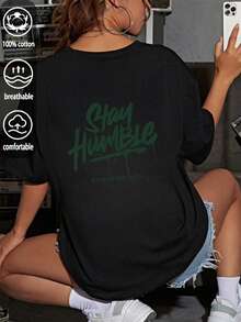 T-shirt casual nera oversize da donna personalizzata estate 2026 con stampa di lettere sul retro, perfetta per l'uso quotidiano e le feste - nero - Visualizzare 10