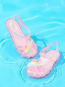 New Girls Sequin Jelly Sandals With Rainbow Bow Decor, Cute Transparent Summer Shoes For Kids, Lightweight Slip-On Beach Flats - Pink - View 4