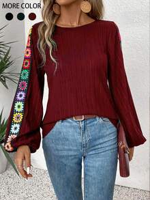 YI XUAN Women's Boho Embroidered Long Sleeve Blouse Round Neck Textured Shirt Colorful Floral Embroidery On Sleeve Casual Fall Daily Wear Tops - Redwood - View 3