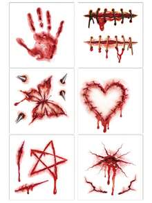 6PCS Halloween Butterfly Rivet Heart Stitch Blood Handprint Pentagram Pattern Halloween Makeup Costume Party Gift Face Arm Shoulder Neck Waterproof Tattoo Stickers - Red - View 8