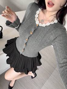 2026 Preppy Argyle Knit Cardigan, Round Neck Lace Trim Cropped Cardigan, Youthful Style Knitwear, Spring/Autumn Daily Campus & Commute, Stretchy Knit Fabric Slimming Cardigan For Women 18-35 Years Old - Grey - View 6