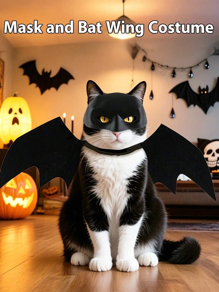 Halloween Pet Mask + Bat Wings 2 Pieces Set, Cool Mask With Adjustable Neck Collar And Small Wings For Cats And Small Dogs, Suitable For Cat Owners, Holiday Pet Costumes, Party Role Play For Cats And Small Dogs, Perfect For Halloween Cosplay And Fun Dress-Up, Ideal Choice For Halloween Party Pet Decoration And Home Holiday Atmosphere - Multicolor - View 1