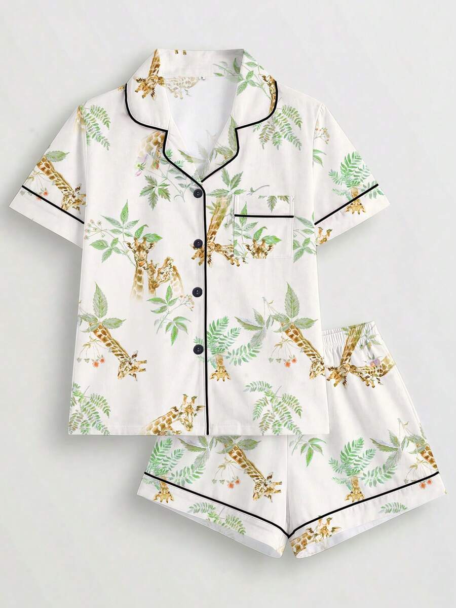 2件組女款睡衣套裝,森林長頸鹿印花,女士居家服,春夏季度假穿搭,短袖翻領上衣與短褲可戶外穿著 - 杏色 - 查看 1
