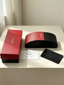1pc Prada Dual-Color Cross-Grain Faux Leather Hard Glasses Case, Luxury Protective Fashion Eyewear Storage Designer Accessory Gift PRADA-GIFT-42 - Red and Black - View 3