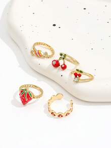 5PCS Vintage Gold-Tone Faux Enamel Strawberry Rings, Cute Fruit Element Cherry Strawberry Rhinestone Drip Glaze Ring Set For Women - Gold - View 3
