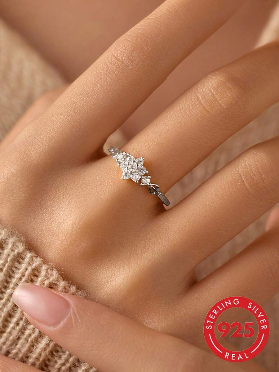 BALMORA 1 pieza Anillo mini de plata de ley S925 vintage de lujo elegante de moda con circonita de copo de nieve chapado en oro, regalo de joyería para mujer para uso diario y fiestas - Plateado - Ver 1
