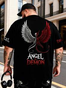 AnChiStreetwear--Plus Size Men's Street Fashion Contrast Color Angel & Demon Wings Print Loose Fit T-Shirt | Suitable For Sports & Fitness | Comfortable & Breathable - Black - View 1