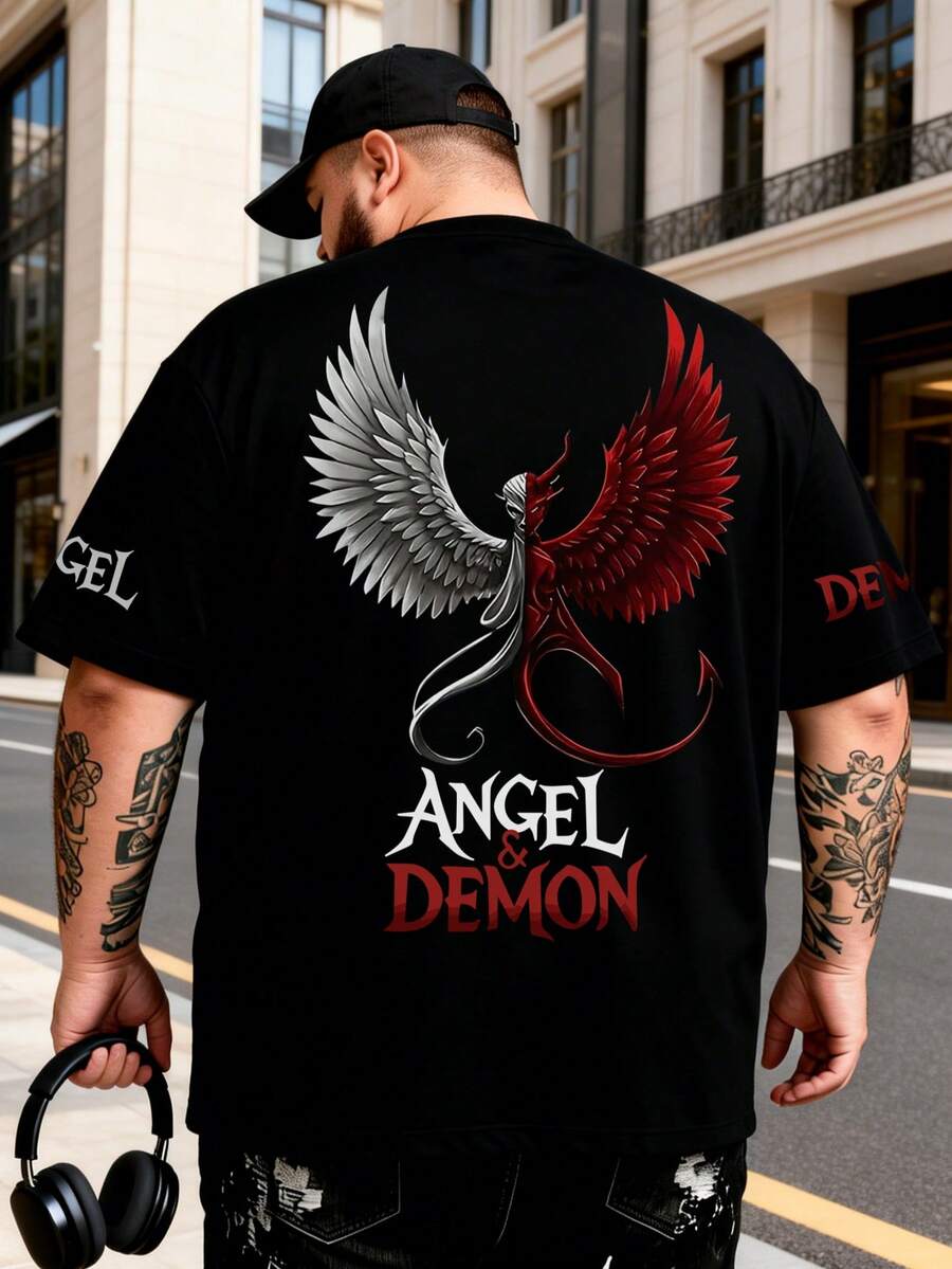 AnChiStreetwear--Plus Size Men's Street Fashion Contrast Color Angel & Demon Wings Print Loose Fit T-Shirt | Suitable For Sports & Fitness | Comfortable & Breathable - Black - View 1