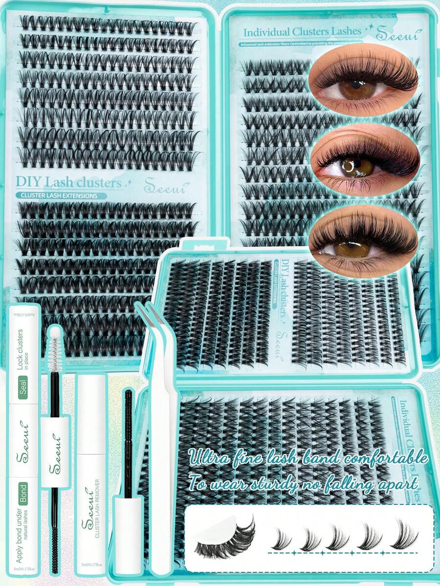 640PCS Lash Clusters Eyelash Extension Kit, 30D 40D 50D Individual Lashes Kit, With Bond And Seal, Remover, Tweezers, Wispy Soft Daily Cluster Lashes, 3D Eyelash Extension Kit, Suitable For Quick DIY Eyelash Makeup At Home, Self Use - Black - View 1