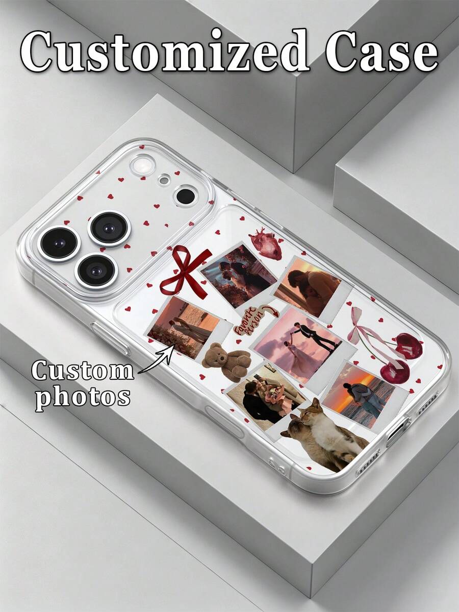 1pc DIY 6-Photo Red Bow Cherry Small Panda Cat Heart Background Pattern Ultra-Thin Transparent TPU Phone Case, Suitable For IPhone 17 Pro Max/16 Pro/15 Pro/14 Plus/13 Pro/12 Pro Max/11/Xs Max/8/7/6 Plus, Premium Business, Best Gift For Leaders, Friends, Father, Mother, Boyfriend, Girlfriend - Clear - View 1