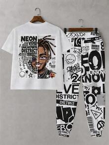 Plus Size Men's 2-Piece Set, Men's Long Pants, Graphic T-Shirt, Streetwear Series "NEON DISTRICT Newspaper Style Collage Portrait Graffiti Print" Pattern Outfit - Polyester Fabric, Drawstring, Pockets, Suitable For Plus Size Body - Multicolor - View 3