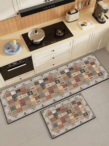 1pc Moroccan Vintage Floral Plaid Diatomaceous Earth Kitchen Mat, Rubber Bottom Anti-Slip Stain-Resistant, 3.5mm Trimmable, Suitable For Kitchen, Bathroom, Entryway, Laundry Room Floor Mat, Fits Home Decor - Multicolor - View 11
