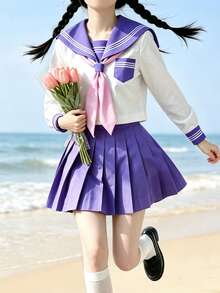 1件裝可愛校園JK制服套裝，附領結，女款校園風水手JK制服，白色與紫色長袖百褶裙，秋季款 - 淡紫色 - 查看 4
