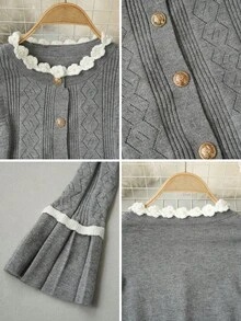 2026 Preppy Argyle Knit Cardigan, Round Neck Lace Trim Cropped Cardigan, Youthful Style Knitwear, Spring/Autumn Daily Campus & Commute, Stretchy Knit Fabric Slimming Cardigan For Women 18-35 Years Old - Grey - View 11