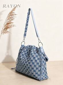 Denim Checkered Fringe Crossbody Bag Large Capacity Raw Edge Tote Bag Shoulder Bag Drawstring Casual Suitable For Daily Outings, Campus, Shopping - Baby Blue - View 8