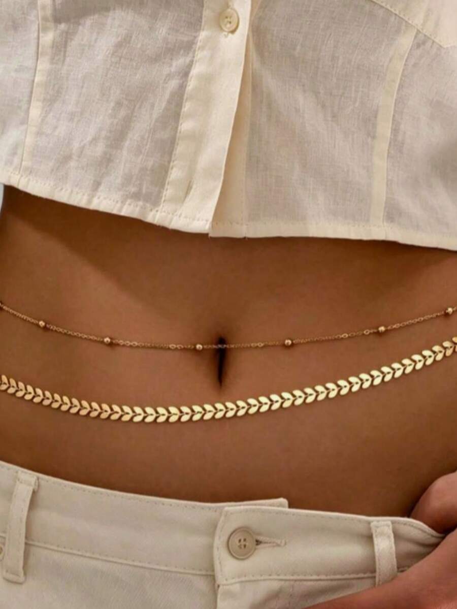 Fashionable Double-Layer Wheat Ear Waist Chain,Sexy Body Chain, Summer Beach Accessory - Gold - View 1