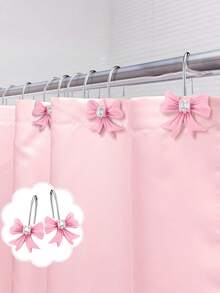 12pcs Shiny Rhinestone Bowknot Shower Curtain Hooks, Rust-Proof Smooth Metal Bowknot Decorative Shower Curtain Rings, For Bathroom - Pink - View 2