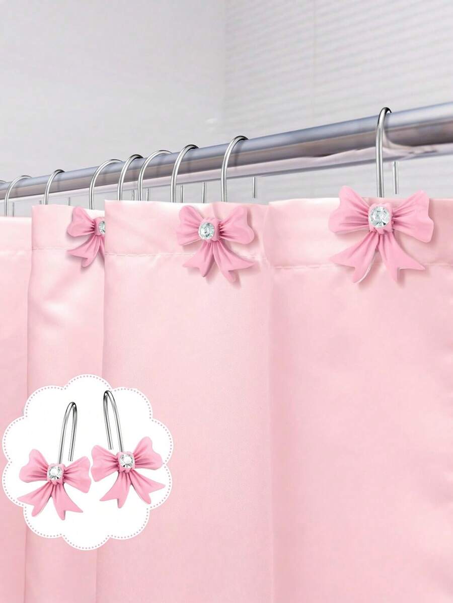 12pcs Shiny Rhinestone Bowknot Shower Curtain Hooks, Rust-Proof Smooth Metal Bowknot Decorative Shower Curtain Rings, For Bathroom