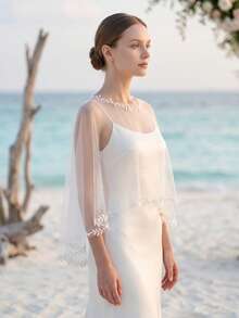 Handmade Pearl Beaded Mesh Shawl, Lightweight Sheer Short Cape, Bridal Dress Cover-Up, Fairy-Like Outer Layer Bolero - Multicolor - View 4