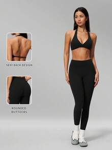 MFVIM 2pcs Set Neck-Hanging Backless Sports Bra & High-Waist Slimming Micro-Compression Peach Butt Cropped Yoga Pants For Women - Premium Black - View 4