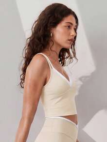 Sodalemon Women's Fitness Cross-Back Tank Top, Yoga Contrast Color Detachable Padding Spaghetti Strap Sleeveless Sports Tank - Beige - View 4