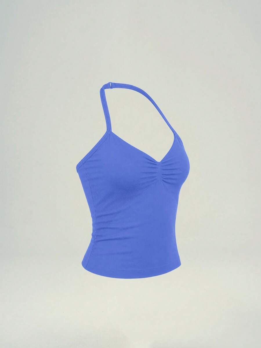 UONNOU Women's Halter Neck V-Neck Ruched Workout Tank Top, Padded Support Sports Bra For Yoga Gym, Lightweight - Blue - View 1