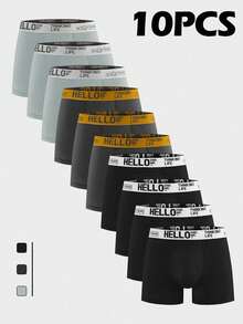 10 Pack Men Underwear Pure Cotton Solid Boxer Briefs HELLO Letter Print Elastic Waist Soft Breathable Daily Men's Underwear Multipack - Multicolor - View 2