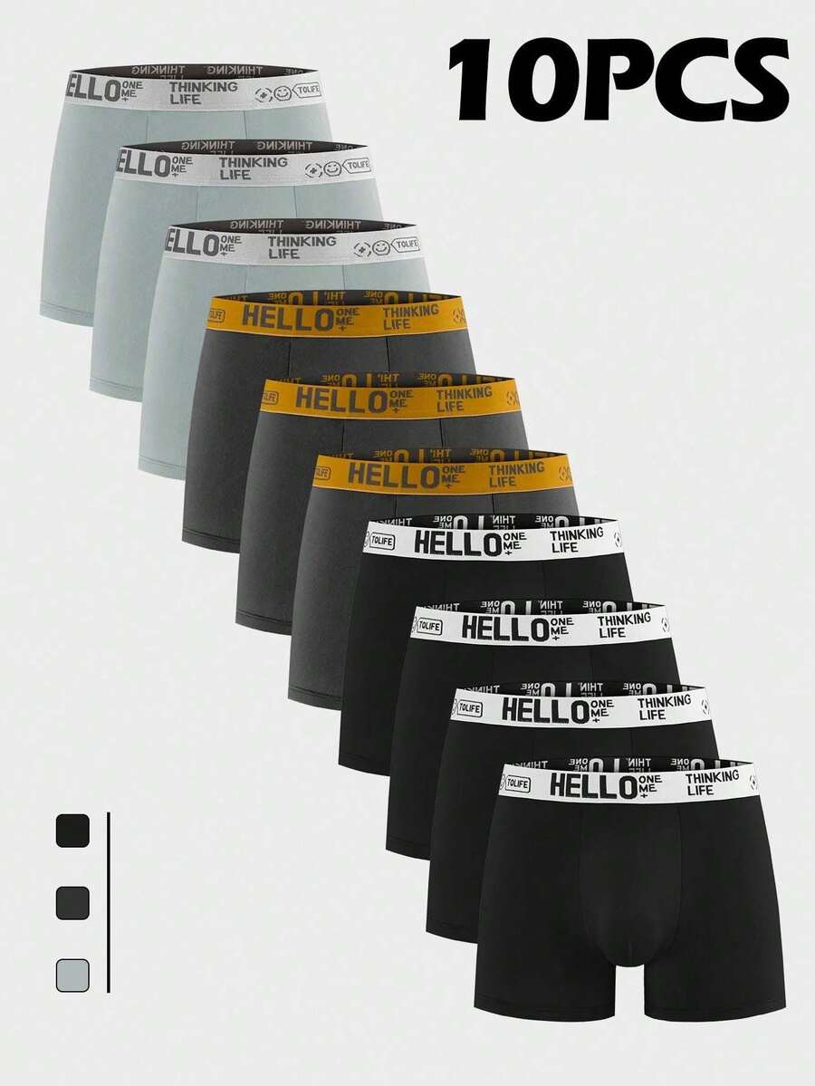 10 Pack Men Underwear Pure Cotton Solid Boxer Briefs HELLO Letter Print Elastic Waist Soft Breathable Daily Men's Underwear Multipack