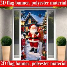 2D Plane 1 Piece Of Christmas-Themed Banner Background, Featuring A Winter Scenery With Santa Claus, Including Snow Houses, Decorated Christmas Trees, Gift Boxes, Vintage Street Lamps, Party Decorations, And Holiday Gifts. No Power Supply Required. - View 2