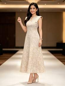 Modern Filipino Style Dress, Elegant 1pc Women's Short Sleeve Dress, Suitable For Vacation, Wedding And Holiday - Khaki - View 3