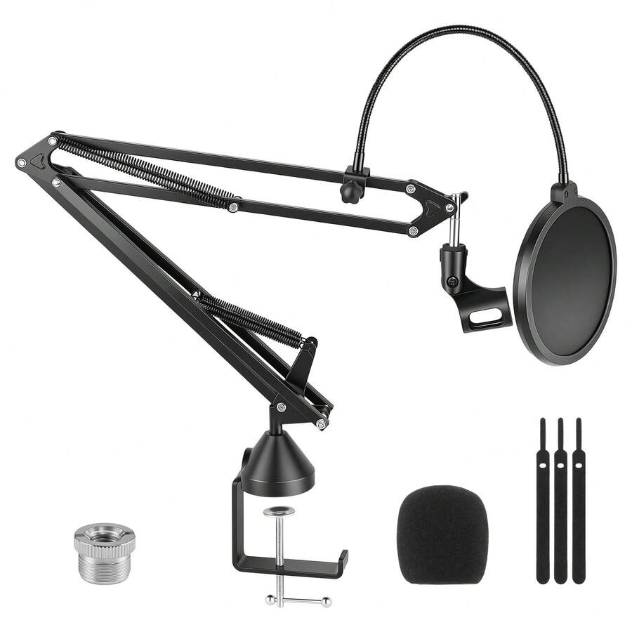Foldable Microphone Boom Arm Stand, Heavy-Duty Spring Support, C-Clamp Mount For 7cm Desk, With 3 Cable Ties, Compatible With 1.26-2.28in Mic Diameter - Black - View 1