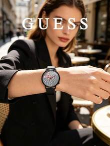 Guess Unisex Quartz Analog Wristwatch Black Leather Strap Geometric Monogram Pattern Dial Graphic Details For Business Casual And Sophisticated Daily Style - Black - View 3