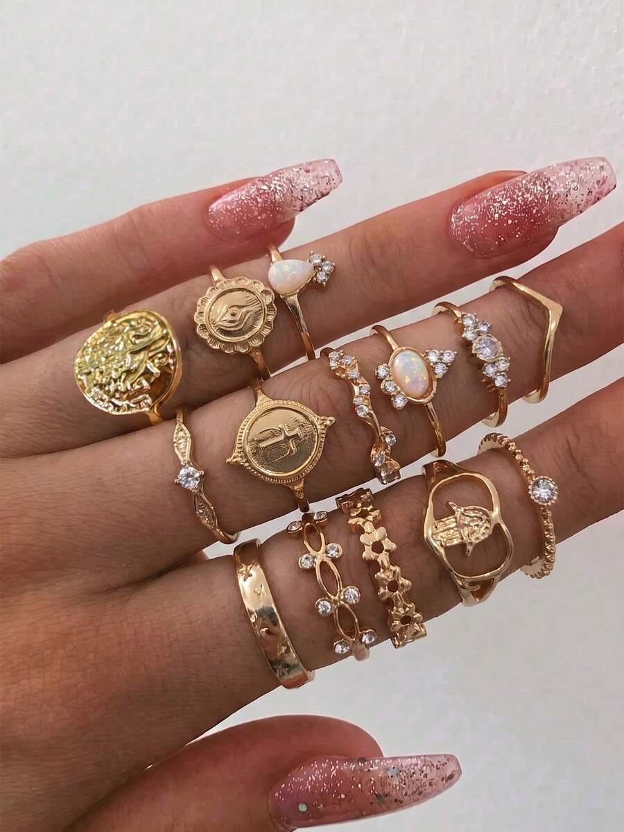14pcs Vintage Style Portrait, Coin, Cross, Floral, Heart Shaped Ring Set, Suitable For Parties, Gatherings, Vacations, Gifts For Friends And Family, Daily Wear - Gold - View 1